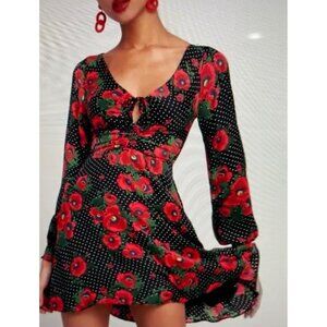 Free People CP Floral Polka Dot Dress With Long Sleeves & Cinched Waist Sz Small